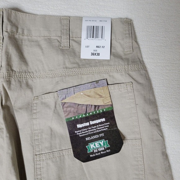 Key Ripstop Dungaree Pants Mens Beige Cargo Utility Work Pants Sz 36 x 30 New - Picture 16 of 16